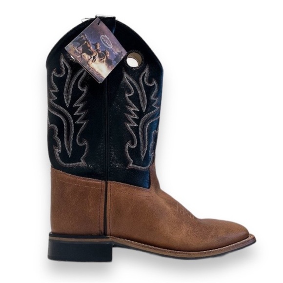 Old West Square Toe Contrast Stitched Leather Western Pull On Cowboy Boots 7 - Picture 1 of 14